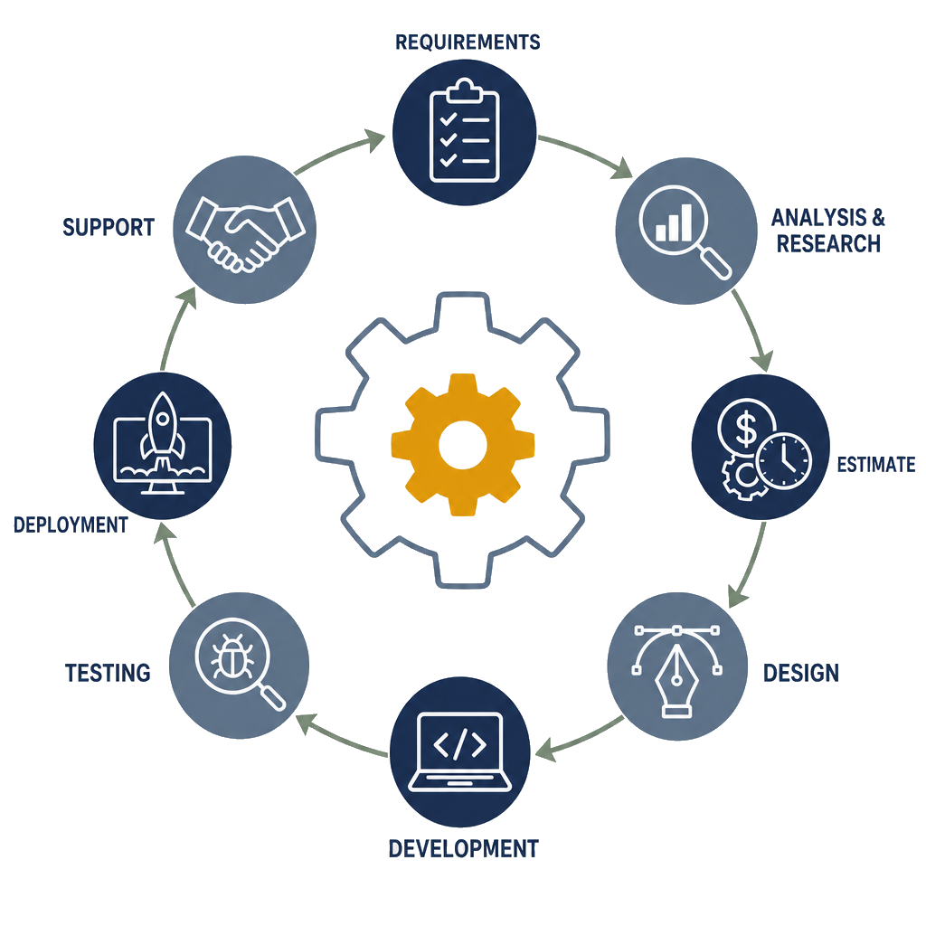 EasyQ2C software development lifecycle: Requirements, Analysis, Estimate, Design, Development, Testing, Deployment, Support